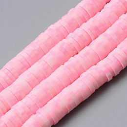 Honeyhandy Handmade Polymer Clay Beads Strands, for DIY Jewelry Crafts Supplies, Heishi Beads, Disc/Flat Round, Pink, 6x0.5~1mm, Hole: 1.8mm, about 320~447pcs/strand, 15.75 inch~16.14 inch(40~41cm)