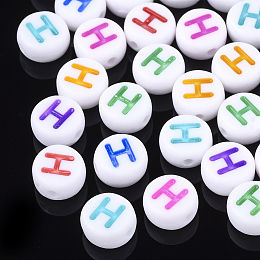 Honeyhandy Initial Acrylic Beads, Horizontal Hole, Flat Round, Mixed Color, Letter.H, 7x3.5~4mm, Hole: 1.2mm, about 370pcs/50g