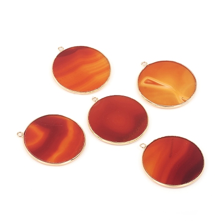 Honeyhandy Natural Carnelian/Red Agate Pendants, with Brass Findings, Flat Round, Golden, 32~34x28.5~31x2mm, Hole: 1.6mm