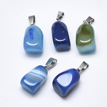 Honeyhandy Natural Banded Agate/Striped Agate Pendants, Dyed, with Stainless Steel Snap On Bails, Cuboid, Stainless Steel Color, Sky Blue, 20~23x9~13x9~13mm, Hole: 3~4x7~8.5mm