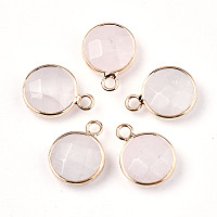 Honeyhandy Natural White Jade Pendants, Light Gold Tone Brass Edge, Faceted, Dyed, Flat Round, 18x13.5x6mm, Hole: 2mm