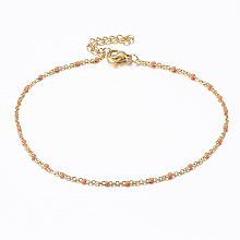 Honeyhandy 304 Stainless Steel Cable Chain Anklets, with Enamel Links, Golden, Orange, 9 inch(23cm), 1.5~2mm