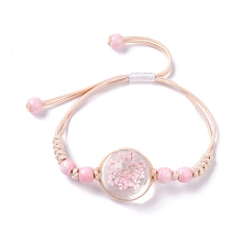 Honeyhandy Handmade Dry Pressed Flower Link Bracelet for Girl Women, Babysbreath Glass Cover Beads Adjustable Bracelet, Pink, Inner Diameter: 5/8~ 3-1/8 inch(1.5~7.9cm)