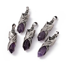 Honeyhandy Natural Amethyst Pendants, Faceted Bullet Charms, Rack Plating Antique Silver Tone Brass Wing Findings, Cadmium Free & Lead Free, 42.5x12.5x11mm, Hole: 8x5mm