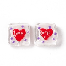 Honeyhandy Handmade Lampwork Beads, Square with Heart & Word Love Pattern, Clear, 16x15x6mm, Hole: 1.8mm