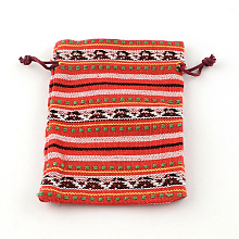 Honeyhandy Ethnic Style Cloth Packing Pouches Drawstring Bags, Rectangle, Tomato, 14x10cm