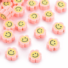 Honeyhandy Handmade Polymer Clay Beads, Flower with Smiling Face, Pink, 9~10x8~9x4~5mm, Hole: 1.4~1.6mm