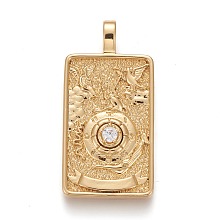 Honeyhandy Brass Micro Pave Clear Cubic Zirconia Pendants, Real 18K Gold Plated, Tarot Card Charms, The Wheel of Fortune, The Wheel of Fortune X, 30x15x4mm, Hole: 3~4mm