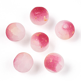 Frosted Baking Painted Crackle Glass Beads with Glitter Powder, Two Tone, Round, Fuchsia, 10x9.5mm, Hole: 1.8mm, about 780pcs/1000g