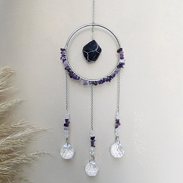 Honeyhandy Glass Pendant Decoration, Suncatchers, with Metal Findings, Natural Amethyst, 400x90mm