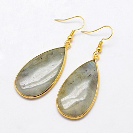 Honeyhandy Natural Labradorite Dangle Earrings, Drop, with Brass Findings, Golden, 61mm, Pin: 0.8mm