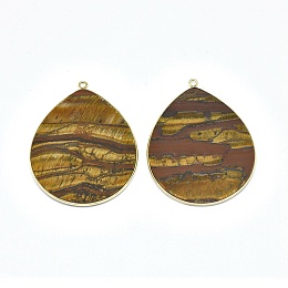 Honeyhandy Natural Tiger Eye Pendants, with Brass Findings, teardrop, Golden, 41~41.5x32x2mm, Hole: 1.5mm