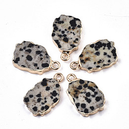 Honeyhandy Natural Dalmatian Jasper Pendants, with Light Gold Plated Edge and Iron Loop, Nuggets, 19~21x12x3mm, Hole: 1.6mm