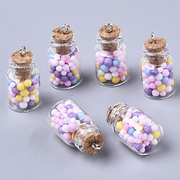 Arricraft Glass Wishing Bottle Pendant Decorations, with Polystyrene Foam Inside, Cork Stopper and Iron Screw Eye Pin Peg Bails, Pink, 22x15mm, Hole: 2mm