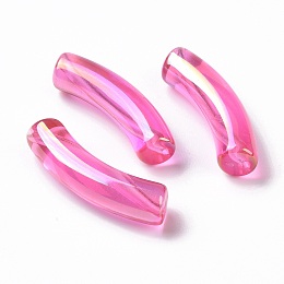 Honeyhandy UV Plating Transparent Rainbow Iridescent Acrylic Beads, Curved Tube, Camellia, 32~33x10x8mm, Hole: 1.6mm