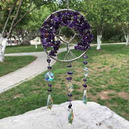 Honeyhandy Metal Wire Wrapped Natural Amethyst Chips Flat Round with Tree of Life Pendant Decorations. Hanging Suncatchers, with Glass Teardrop Charm, 300x80mm