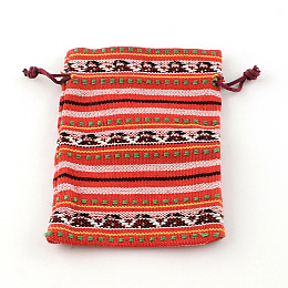 Honeyhandy Ethnic Style Cloth Packing Pouches Drawstring Bags, Rectangle, Tomato, 14x10cm