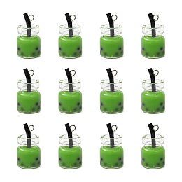 Honeyhandy Glass Bottle Pendants, with Resin Inside and Iron Findings, Imitation Bubble Tea/Boba Milk Tea, Green, 20~25x11~14x11mm, Hole: 1.8mm