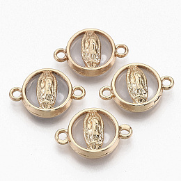 Honeyhandy Glass Links connectors, with Light Gold Plated Alloy Findings, Flat Round with Virgin Mary, Clear, 13.5x19.5x5.5mm, Hole: 1.6mm