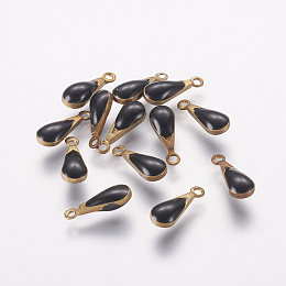 Honeyhandy Antique Golden Plated Brass Enamel Teardrop Charms, Enamelled Sequins, Black, 11x4x3mm, Hole: 1mm