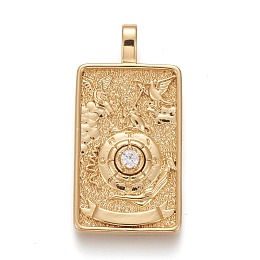 Honeyhandy Brass Micro Pave Clear Cubic Zirconia Pendants, Real 18K Gold Plated, Tarot Card Charms, The Wheel of Fortune, The Wheel of Fortune X, 30x15x4mm, Hole: 3~4mm