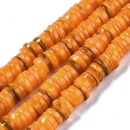 Arricraft Natural Freshwater Shell Beads Strands, Dyed, Flat Round/Dics, Heishi Beads, Coral, 6x6x1~2.5mm, Hole: 1mm, about 201~208pcs/strand, 15.20~15.43 inch(38.6~39.2cm)