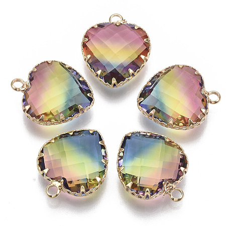 Honeyhandy K9 Glass Pendants, Imitation Tourmaline, with Golden Tone Brass Findings, Faceted, Heart, Colorful, 20x16.5x8mm, Hole: 2mm