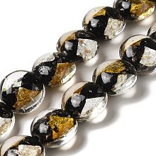 Handmade Gold Sand and Silver Sand Lampwork Flat Round Beads, Black, 14~14.5x8.5~9mm, Hole: 1.6~1.8mm