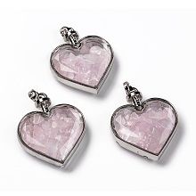 Honeyhandy Glass Bottle Pendants, with Natural Rose Quartz Chips and Platinum Plated Alloy Findings, Heart, 40x32.5x11mm, Hole: 8x5mm