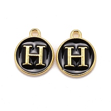 Honeyhandy Golden Plated Alloy Charms, Cadmium Free & Lead Free, with Enamel, Enamelled Sequins, Flat Round with Letter, Black, Letter.H, 14x12x2mm, Hole: 1.5mm