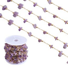 Honeyhandy Natural Amethyst Chips Beaded Chains, with Golden Brass Findings, Long-Lasting Plated, Soldered, with Spool, 4~14x4~11x2~7mm, about 3.28 Feet(1m)/Box