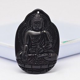 Honeyhandy Natural Obsidian Large Cameo Pendants, Buddhist Jewelry Pendants, Buddha, 51~53x35.5~37.5x11~13mm, Hole: 2mm