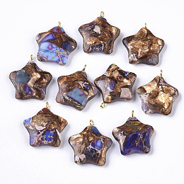 Honeyhandy Assembled Synthetic Imperial Jasper and Bronzite Pendants, with Golden Tone Iron Loop, Dyed, Star, Slate Blue, 23~24x21x5mm, Hole: 2mm