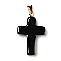 Honeyhandy Glass Pendants, with Golden Plated Iron Findings, Cross, Black, 28.5x18x4.5mm, Hole: 5.5x3mm