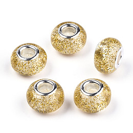 Honeyhandy Epoxy Resin European Beads, Large Hole Beads, with Glitter Powder and Platinum Tone Brass Double Cores, Rondelle, Gold, 14x9mm, Hole: 5mm