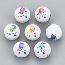 Honeyhandy Electroplate Glass Beads, Round with Butterfly Pattern, Multi-color Plated, 10mm, Hole: 1.2mm