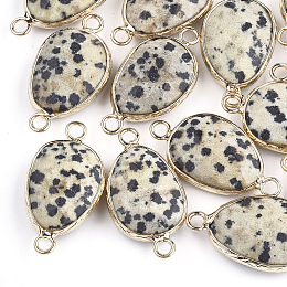 Honeyhandy Natural Dalmatian Jasper Links connectors, with Brass Findings, Faceted, teardrop, Golden, 27.5x14.5~15x6~6.5mm, Hole: 2mm