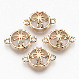 Honeyhandy Glass Links connectors, with Light Gold Plated Alloy Findings, Flat Round with Cross, Clear, 13.5x19.5x5.5mm, Hole: 1.6mm