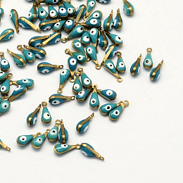 Honeyhandy Antique Golden Plated Brass Enamel Charms, Teardrop with Eye, Cadet Blue, 11x4x4mm, Hole: 1mm