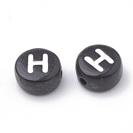 Honeyhandy Opaque Acrylic Beads, Horizontal Hole, Alphabet Style, Flat Round, Letter.H, 7x4mm, Hole: 1.5mm, about 370pcs/50g