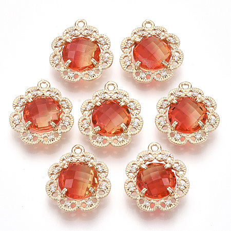 Arricraft Brass Pendants, with Faceted Glass and Clear Rhinestone, Flower, Golden, Orange Red, 18x16.5x6mm, Hole: 1.2mm