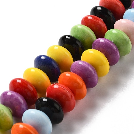 Honeyhandy Handmade Pearlized Porcelain Beads, Flat Round, Mixed Color, 12x7mm, Hole: 1.6mm, about 45pcs/strand, 12.40''(31.5cm)