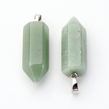 Honeyhandy Brass Natural Green Aventurine Pendants, Bullet, Platinum, Pointed Pendant, 33~36x12mm, Hole: 5x7mm