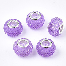 Honeyhandy Resin Rhinestone European Beads, Large Hole Beads, with Platinum Tone Brass Double Cores, Rondelle, Berry Beads, Lilac, 14x10mm, Hole: 5mm