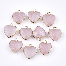 Honeyhandy Electroplate Natural Rose Quartz Pendants, with Cadmium Free & Nickel Free & Lead Free Iron Findings, Faceted, Heart, Golden, 16~17x14~15x6~7mm, Hole: 1.8mm