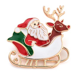 Christmas Theme Alloy Enamel Brooches, for Backpack Clothes, Santa Claus with Sleigh, FireBrick, 42x44mm