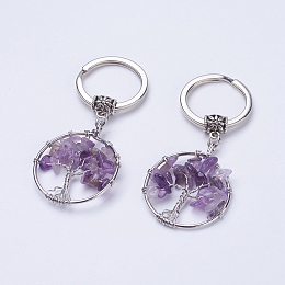 Honeyhandy Natural Amethyst Keychain, with Iron Key Rings and Brass Finding, Flat Round with Tree of Life, 65~67mm, 36x29x5~8mm