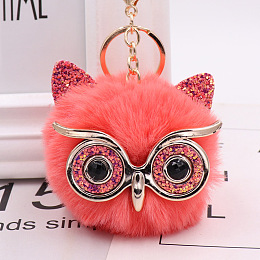 Honeyhandy Pom Pom Ball Keychain, with KC Gold Tone Plated Alloy Lobster Claw Clasps, Iron Key Ring and Chain, Owl, Orange Red, 12cm