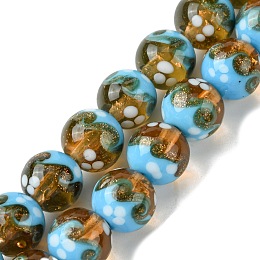 Handmade Gold Sand Lampwork Beads Strands, Round, Light Sky Blue, 12mm, Hole: 1.4mm, about 33pcs/strand, 14.76''(37.5cm)