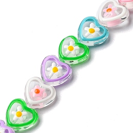 Handmade Lampwork Beads Strands, with Enamel, Heart with Flower, Mixed Color, 12x12x7mm, Hole: 1.2mm, about 30pcs/strand, 12.80''(32.5cm)